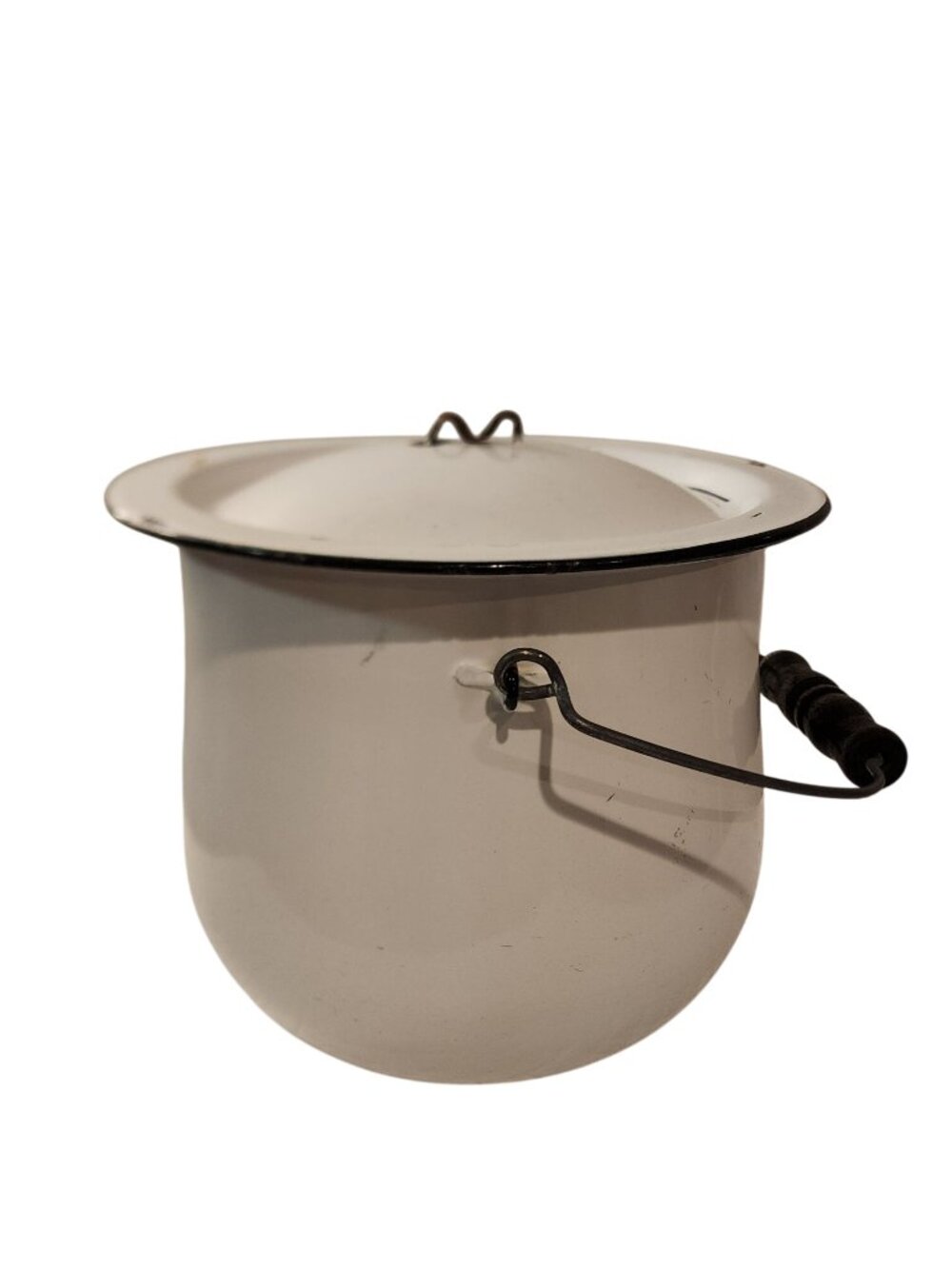 Vintage EnamelWare Pot Bucket Lid Wood Handle Farmhouse Decor